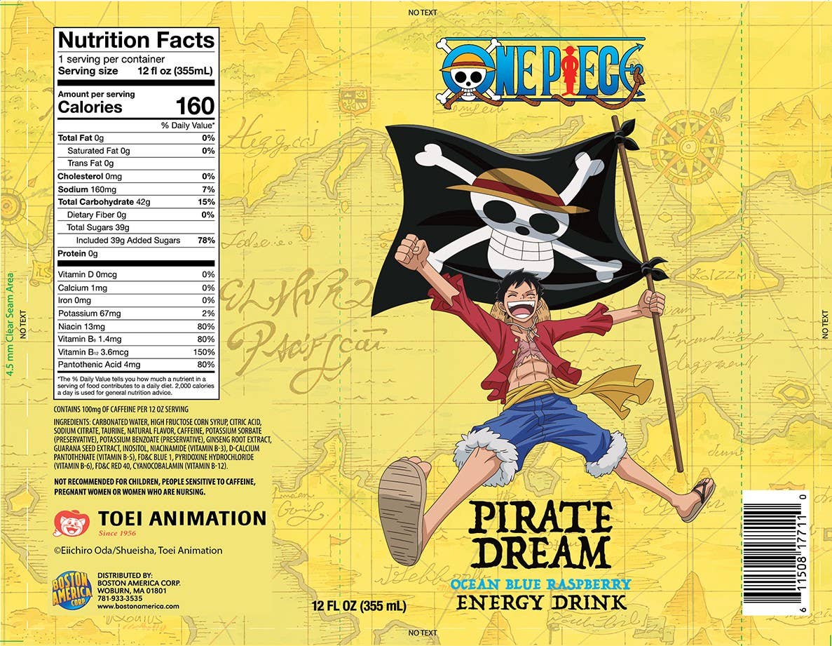 One Piece Pirate Dream Ocean Blue Rasp Energy Drink 12ct